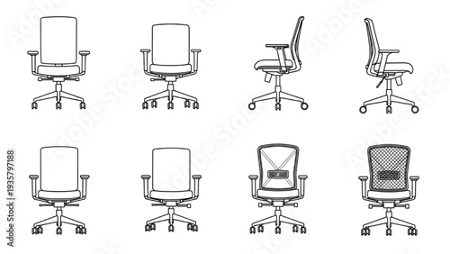 Set of detailed vector illustrations of modern ergonomic office chairs from multiple angles
