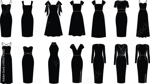 Black silhouette collection of elegant women dresses, fashion set of evening gowns, cocktail dress icons, formal apparel for party and wedding, vector
