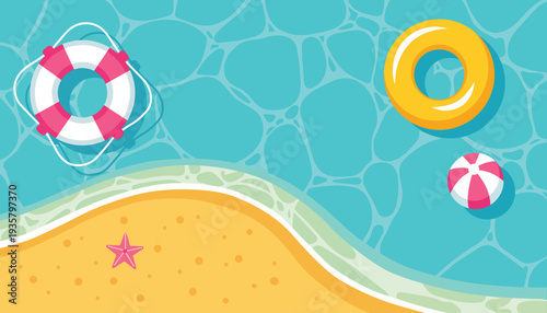 Top view swimming pool scene with inflatable rings, beach ball, and starfish near pool edge. Summer vacation and relaxation concept in flat vector illustration.
