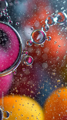 Abstract macro of oil and water droplets with vibrant colors