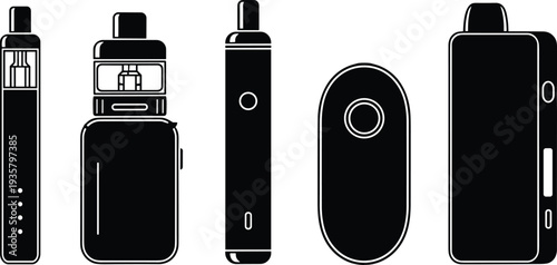  Black silhouette collection of electronic cigarettes and vape mod devices isolated on white background for vaping industry health awareness and nicotine product.