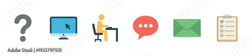 Set of colorful flat design icons for customer service includes a question mark, computer, person at a desk, chat bubble, envelope, and a checklist for feedback