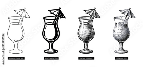 Four tropical cocktail illustrations in different artistic styles including minimalist line art, a bold ink sketch, vintage woodcut engraving, and a dotwork stippling icon