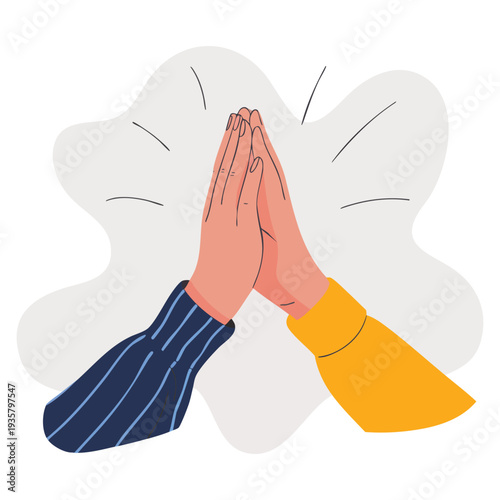 High five gesture with two hands clapping, multicultural people hands together vector illustration symbolizing teamwork, friendship, unity, help, equality, support, partnership and community concept