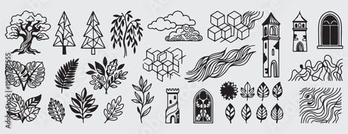 This item is a nail art stamping plate, likely from the brand Dixie Plates or similar, featuring various foliage, tree, and architectural designs. speech bubble comic