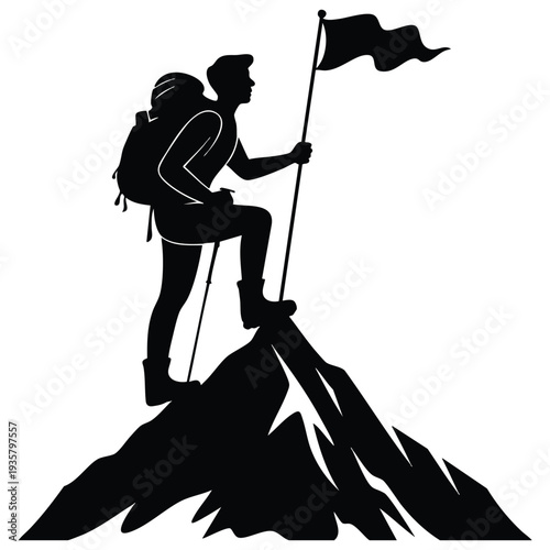 Hiker proudly plants a flag atop a rocky mountain brave man vector illustration representing achievement adventure success and outdoor exploration themes