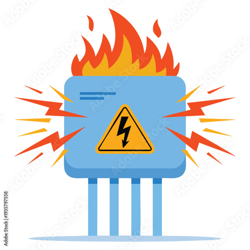 High voltage danger situation electrical panel caught on fire damaged switchboard vector illustration for safety and hazard awareness design