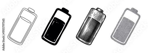 Set of four hand-drawn battery icons in different artistic styles including outline, solid silhouette, vintage engraving, and stippling, representing power and energy levels