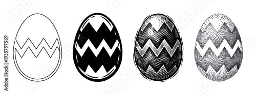 Four decorated Easter eggs with a zigzag pattern presented in a row, a graphic set showing various illustration styles including outline, silhouette, hatching, and dotwork