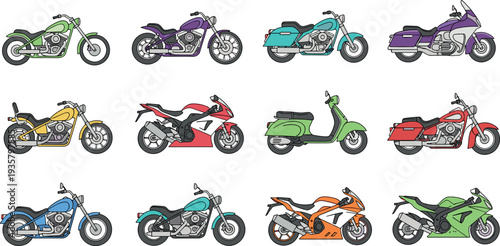 Motorcycle collection with sport bike chopper cruiser and scooter models, colorful motorbike transport set isolated flat vector illustration