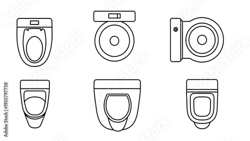 Various Modern Toilet Bowl Designs Top View Collection Simple Line Art Vector Set