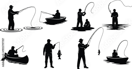 Black silhouette collection of fishermen fishing on boats and standing in water, outdoor hobby and angling sport set isolated on white background.