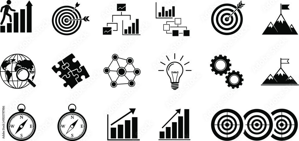 Fototapeta premium Set of black business icons including targets, bar charts, lightbulbs, puzzle pieces, mountains with flags, gears, compasses and global search symbols.