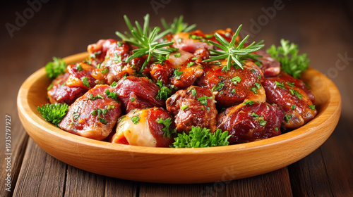 Raw chicken giblets (heart, liver, gizzard) on a kitchen table