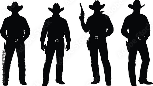 Black silhouette collection of four cowboys wearing hats and gun holsters, wild west outlaws and sheriff characters isolated on a white background.