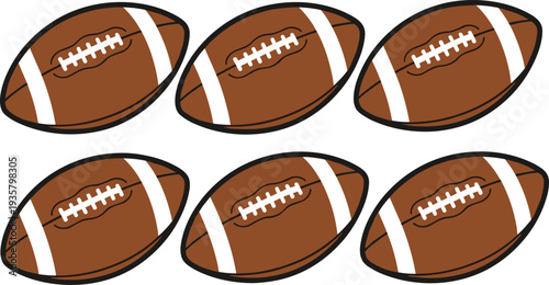 American footballs collection, brown leather balls, white laces, sports equipment, athletic gear, grid arrangement, training, practice, competition, game illustration