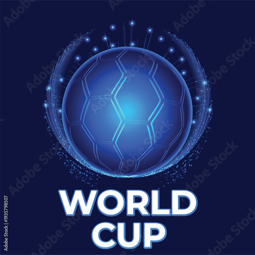 Futuristic Soccer ball elevated in celebration of the World Cup. With vibrant neon lines and pulses highlighting the championship. Ideal for presentations, sports, and online games. Players, sports.