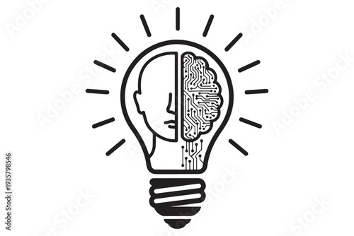 A creative illustration of a human head with a circuit board brain inside a glowing lightbulb symbolizing innovation and technology