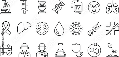 Medical healthcare line icons collection, hospital, doctor, laboratory, DNA, virus, and medicine symbols set for healthcare design and research illustration