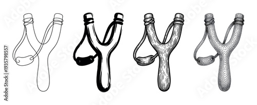 Collection of classic wooden catapult illustrations in four distinct black and white styles, from simple line art and bold ink to detailed engraving and stippling