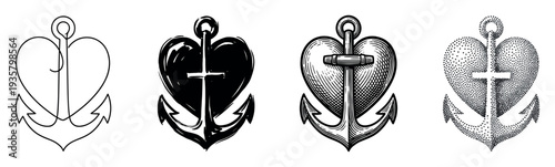 Set of four heart-shaped anchor illustrations showing different artistic styles including line art, ink sketch, detailed engraving, and stippling for a tattoo design concept