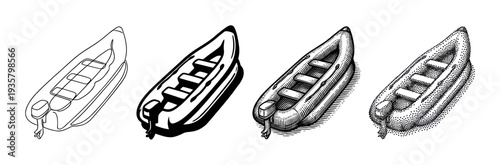 Set of four inflatable boat illustrations with an outboard motor, showcasing different artistic styles including line art, silhouette, detailed engraving, and stippling