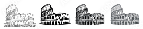 Set of four ancient amphitheater illustrations in different artistic styles, including line art, silhouette, detailed engraving, and stippling for a historical concept