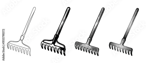 Set of four garden rakes illustrated in different black and white artistic styles including line art, bold ink, detailed hatching, and stippling for a graphic concept