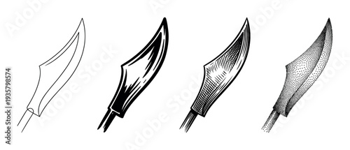 Set of four fantasy scimitar blades showing a progression of artistic styles from simple line art and ink to detailed engraving hatching and stippling pointillism