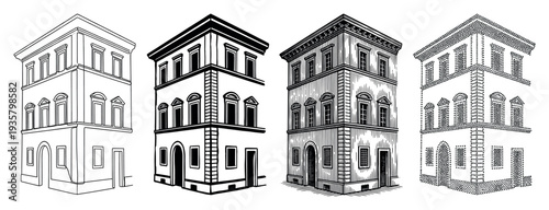 Set of four architectural illustrations showing a historic building in various artistic styles including line art, high contrast, engraving, and stippling from a corner perspective