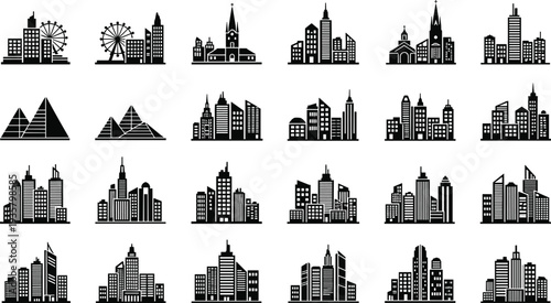 Set of black city skyline icons featuring urban skyscrapers modern buildings pyramids ferris wheel and architecture silhouettes for travel and tourism
