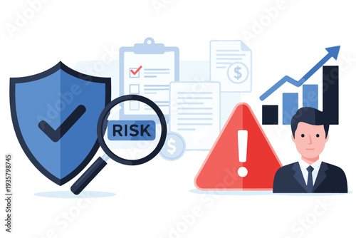 A businessman assessing risk with a shield, magnifying glass, and warning signs in the background.