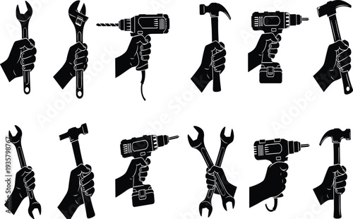 Black silhouette collection of hands holding construction tools like hammers wrenches and power drills isolated on white background for repair and renovation works.