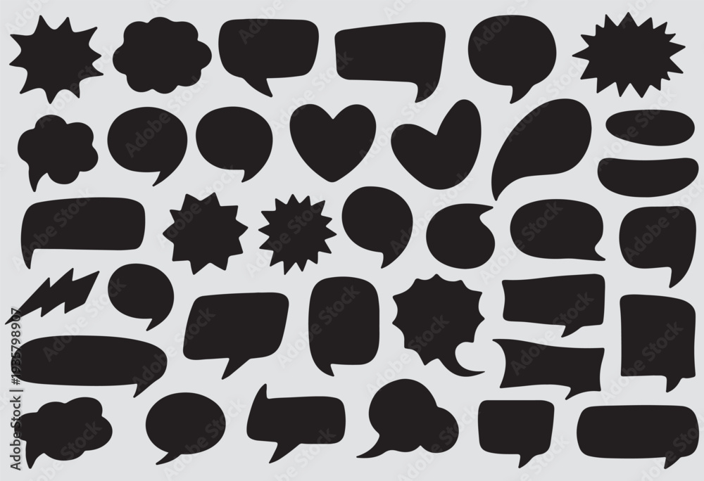 Fototapeta premium This image displays a collection of various speech bubbles and thought bubbles. These shapes are commonly used in comics, graphic design, and presentations to represent dialogue or thoughts