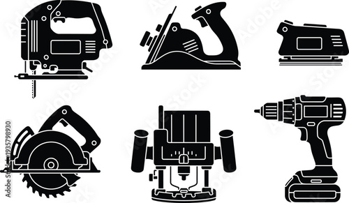 Black silhouette collection of professional power tools including jigsaw circular saw hand planer and electric drill isolated on white background for industrial work.