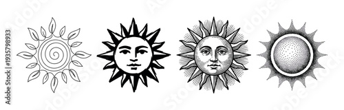 Set of four black sun illustrations in various artistic styles including engraving, line art, and stippling, representing esoteric and mystical symbols for spiritual design
