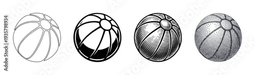 Set of four black beach ball illustrations showing different graphic styles including simple line art, a solid icon, vintage engraving, and modern stippling dotwork
