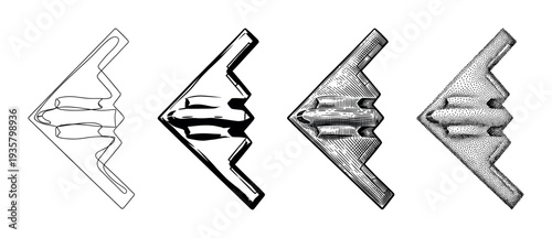 Four stealth bomber aircraft illustrations in different artistic styles including line art, ink, engraving, and stippling, showing a collection of graphic techniques