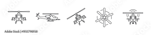 Military combat helicopter line icon set featuring different angles like front, side, and top view of the armed aircraft in a simple outline style for aviation concepts