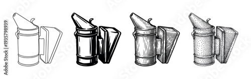 Set of four bee smoker illustrations in various artistic styles including line art, engraving, stippling, and solid black for beekeeping and apiculture concepts