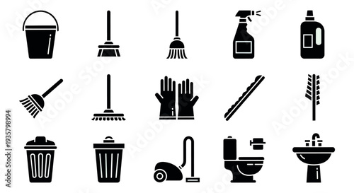 Cleaning Service Icon Set in Solid Glyph Style, Black Silhouette Vector Collection of Household Tools and Supplies, Minimal Monochrome Design Isolated on Light Background