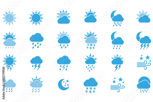 A collection of various weather icons on a white background