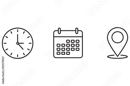 A simple black and white illustration of a clock, calendar, and map pin on a plain background.