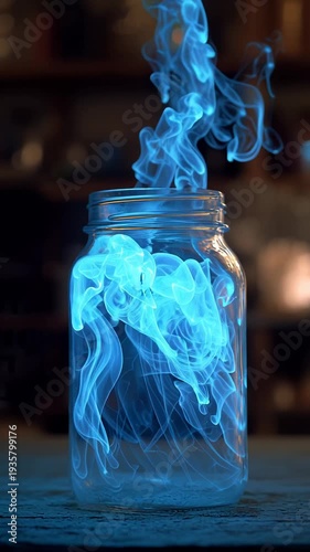 Ethereal blue smoke swirls within a glass jar on a textured surface