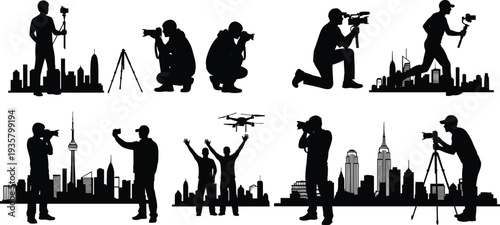 Professional photographer and videographer silhouette set with cameras, tripods, drones, and gimbals against a city skyline for media production vector design.