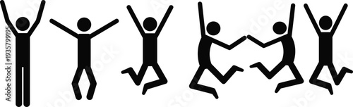 Happy people jumping silhouettes set, celebration and excitement poses, joyful human figures collection, success motivation vector illustration pack