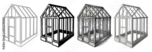 Set of four greenhouse illustrations presented in various graphic styles including clean line art, high-contrast silhouette, vintage woodcut, and retro halftone dot pattern