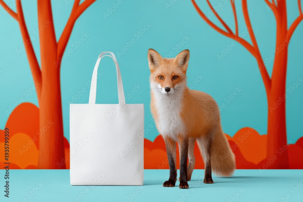 Fototapeta premium Vibrant scene of red fox with white tote bag and colorful background