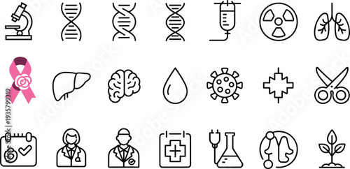 Medical and healthcare line icons set, science research, laboratory, DNA, doctor, hospital, and medicine symbols collection for healthcare design