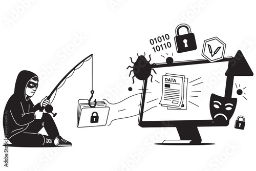A hacker in a black hoodie is sitting next to a computer with a fishing hook trying to steal data.